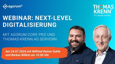 Webinar-Ankündigung für Next-Level Digitalisierung mit agorum core pro und Thomas-Krenn.AG Servern, präsentiert von Wilfried Reiner Guhle und Berkan Biliktü am 24.07.2024 um 10:00 Uhr