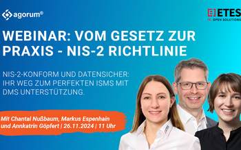 Webinar-Poster zeigt Experten Chantal Nussbaum, Markus Espenhain und Annkatrin Goepfert zur NIS-2 Richtlinie und ISMS mit DMS-Unterstützung.