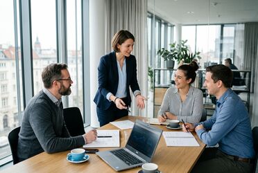 KI-Beraterin begleitet ein Team in einem mittelstaendischen Unternehmen am modernen Konferenztisch