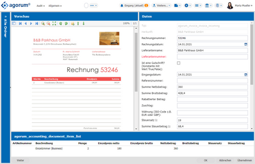 DMS agorum core docform zeigt eine Rechnung mit automatischer Datenerfassung und Zuordnung von Metadaten.