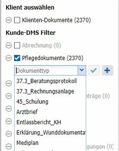 Dokumentenmanagement-System zeigt Filteroptionen für Pflegedokumente mit Dokumententypen wie Beratungsprotokoll und Rechnungsanlage.