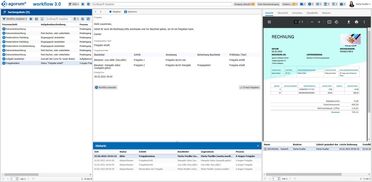 Dokumentenmanagement-System zeigt Workflow-Freigabe für eine Rechnung, einschließlich Freigabeschritten und Statusübersicht.