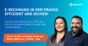E-Rechnung Webinar Ankündigung zeigt Melike Strieth und Berkan Biliktü, die am 01.10.2024 um 11:00 Uhr Live über effektive Implementierung und Handhabung der E-Rechnung sprechen.