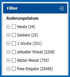Filtermenü im Dokumentenmanagement-System zeigt Optionen zur Eingrenzung nach Änderungsdatum, z.B. Heute, Gestern, 1 Woche, aktueller Monat, letzter Monat und freie Eingabe.