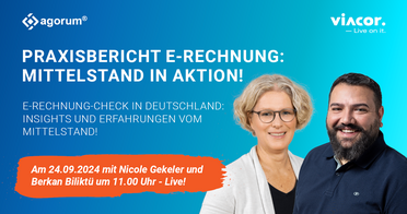 Webinar-Poster zeigt Nicole Gekeler und Berkan Biliktü, die über die E-Rechnungspflicht im Mittelstand sprechen.