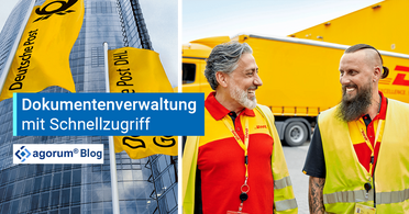 Zwei Techniker der Deutschen Post AG stehen vor einem LKW und einem Gebäude mit DHL-Fahnen. Ein Textfeld zeigt 'Dokumentenverwaltung mit Schnellzugriff'.