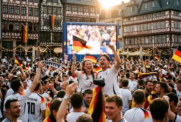 Jubelnde Fans beim Public Viewing auf einem Stadtplatz vor großer LED-Wand im Abendlicht