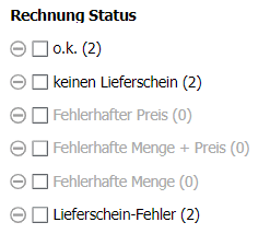 Übersicht des Rechnungsstatus im Dokumentenmanagement-System zeigt verschiedene Status wie o.k., keine Lieferscheine, fehlerhafter Preis, fehlerhafte Menge + Preis, fehlerhafte Menge und Lieferschein-Fehler mit jeweiligen Zahlen.