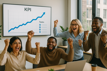 Erfolgsstimmung: Angestellte jubeln vor großem Office-Monitor mit steigender KPI- und Task-Übersicht, modernes Büro