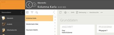 Bildschirmfoto zeigt die Schnittstelle zwischen der Pflegesoftware snap und dem Dokumentenmanagement-System (DMS) mit Klienteninformationen.