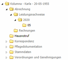 Dokumentenmanagement-System zeigt Ordnerstruktur für Patientin Karla mit Unterordnern wie Abrechnung, Leistungsnachweise, Rechnungen und Pflegedokumentation