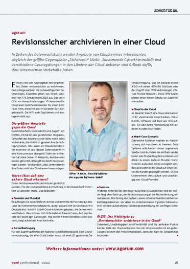 Artikel in der com! Professional über revisionssicheres Archivieren in der Cloud, der auf Datensicherheit und Datenschutz eingeht.